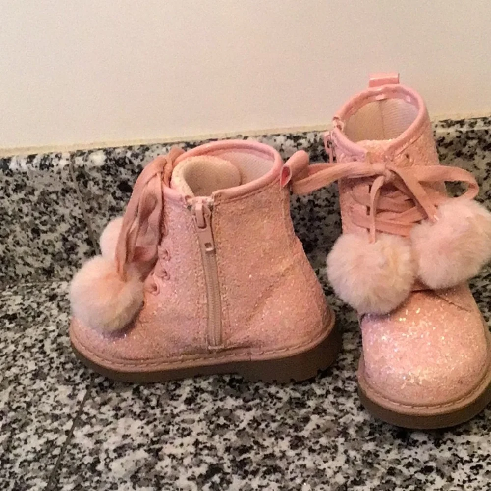 Glittery Pink Kids Boots with Pom Poms